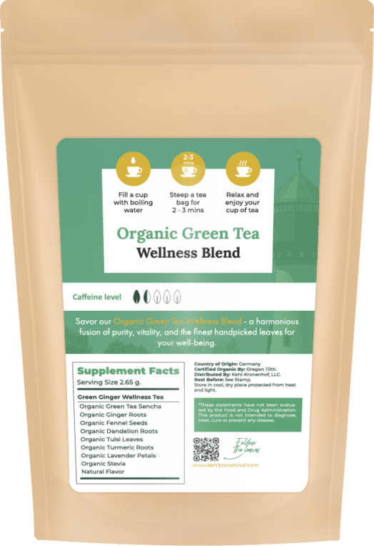 Kehl Kronenhof Organic green tea wellness blend packaging.