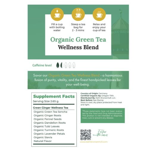Organic Green Tea Wellness Blend packaging and brewing instructions.