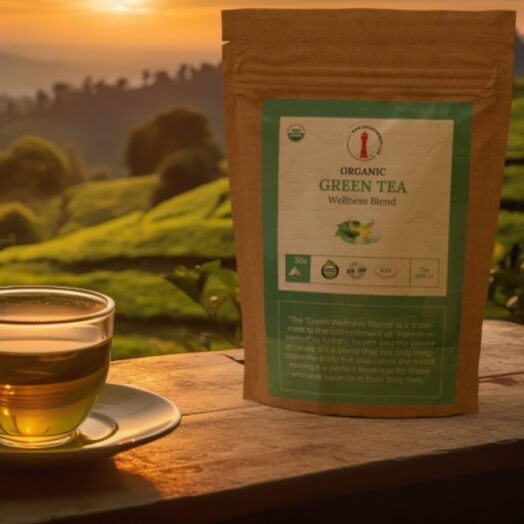 Organic green tea beside tea fields at sunset.