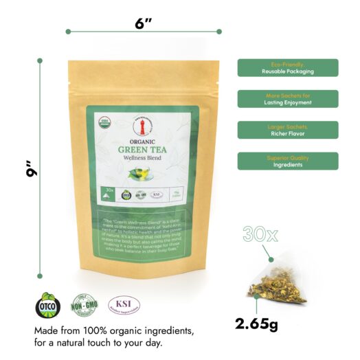 Organic green tea wellness blend in eco-friendly packaging.