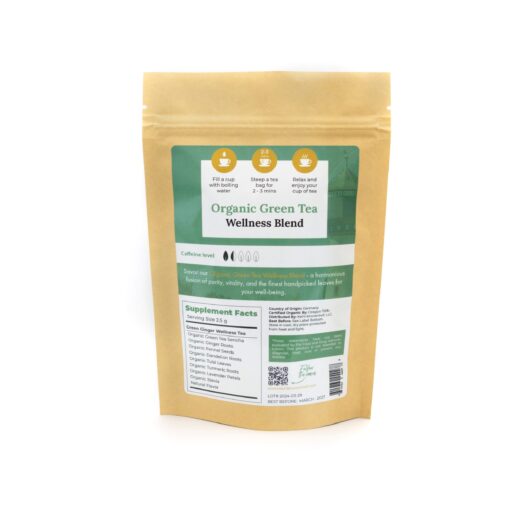 Packaged organic green tea wellness blend bag.