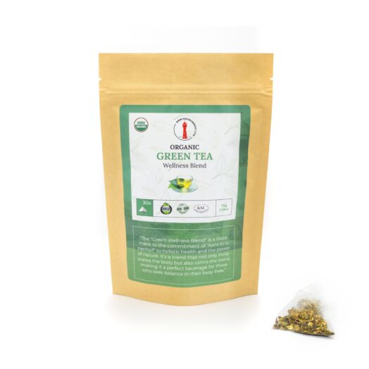 Organic Green Tea Wellness Blend in paper packaging.