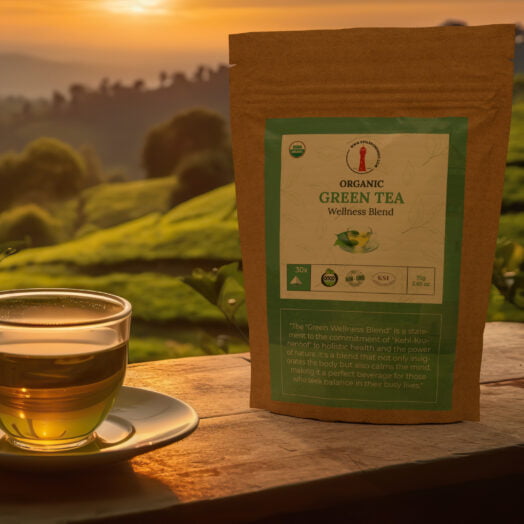 Kehl Kronenhof's Organic Green Tea Blend at sunrise tea field.