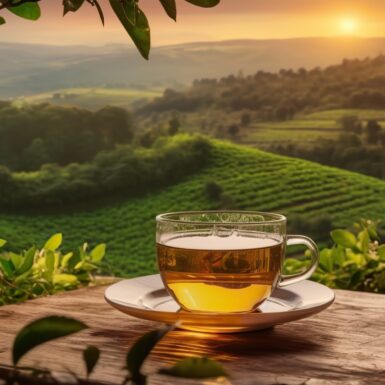 AI Generated. AI Generative. Cup of green tea with field green plantation mountain background scene. Graphic Art Illustration