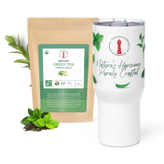 Organic green tea packet and insulated tumbler with branding.